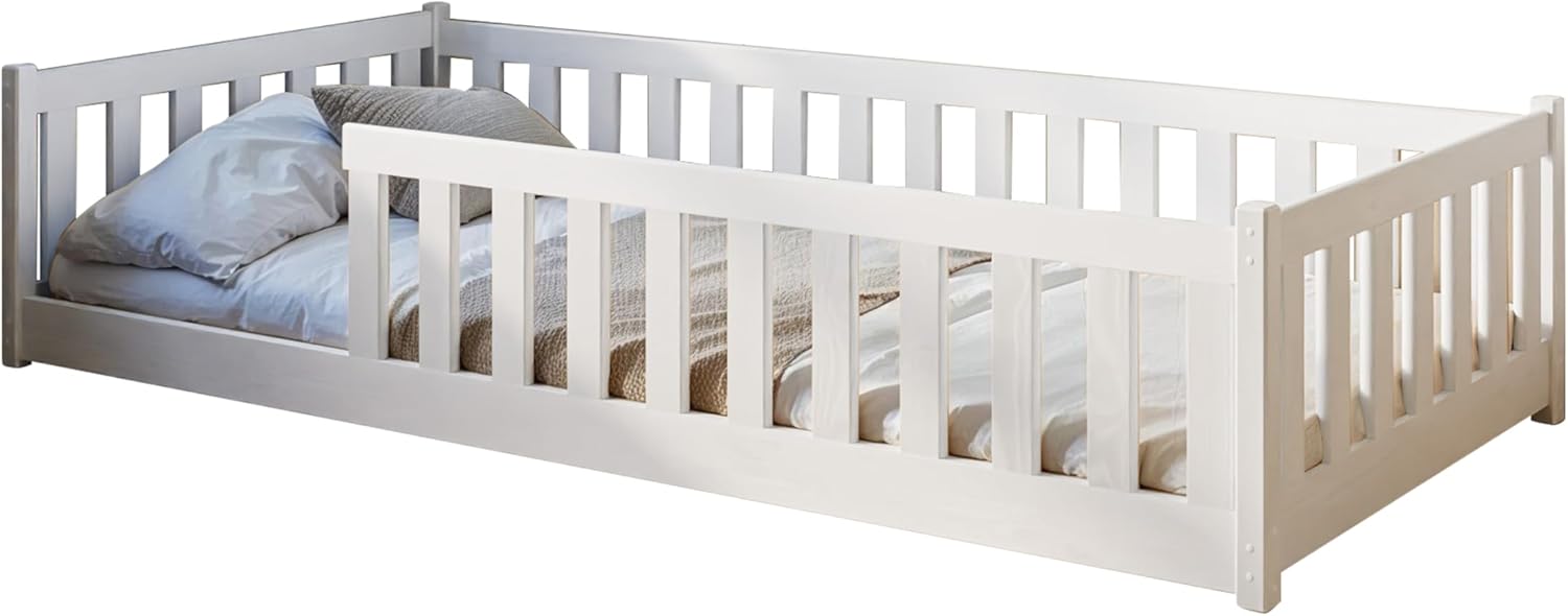 Kids Collective Kinderbett Bodenbett 80x180 cm mit Rausfallschutz & Lattenrost Montessori Bett Bed Gitterbett Kinder Jugendbett Einzelbett | weiß | von 3. bis 12. Lebensjahr
