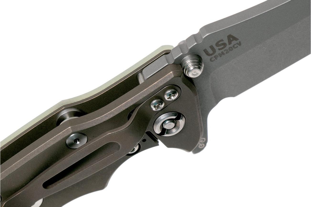 Rick Hinderer Eklipse 3.5” Tanto, CPM 20CV Battle Bronze, Translucent Green G10 zakmes