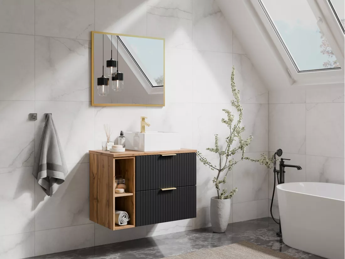 Meuble sous vasque suspendu strié avec niches - Noir et naturel clair - L80 cm - ZEVARA