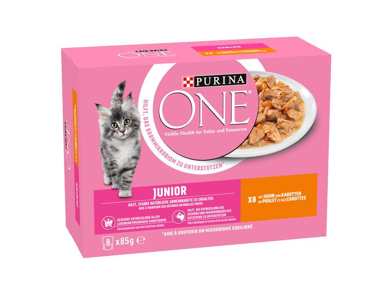 Purina ONE Nassfutter JUNIOR in Sauce Huhn/Karotten, 8 x 85 Alleinfuttermittel für Kitten