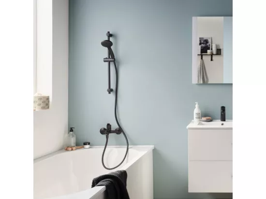 Pack baignoire droite 180 x 80 JACOB DELAFON Elise + tablier angle + pommeau et mitigeur bain noir Aimé + pare bain noir + vidage
