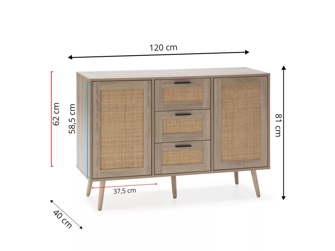 Buffet Dalia 3 tiroirs et 2 portes couleur chêne, 120 cm longueur