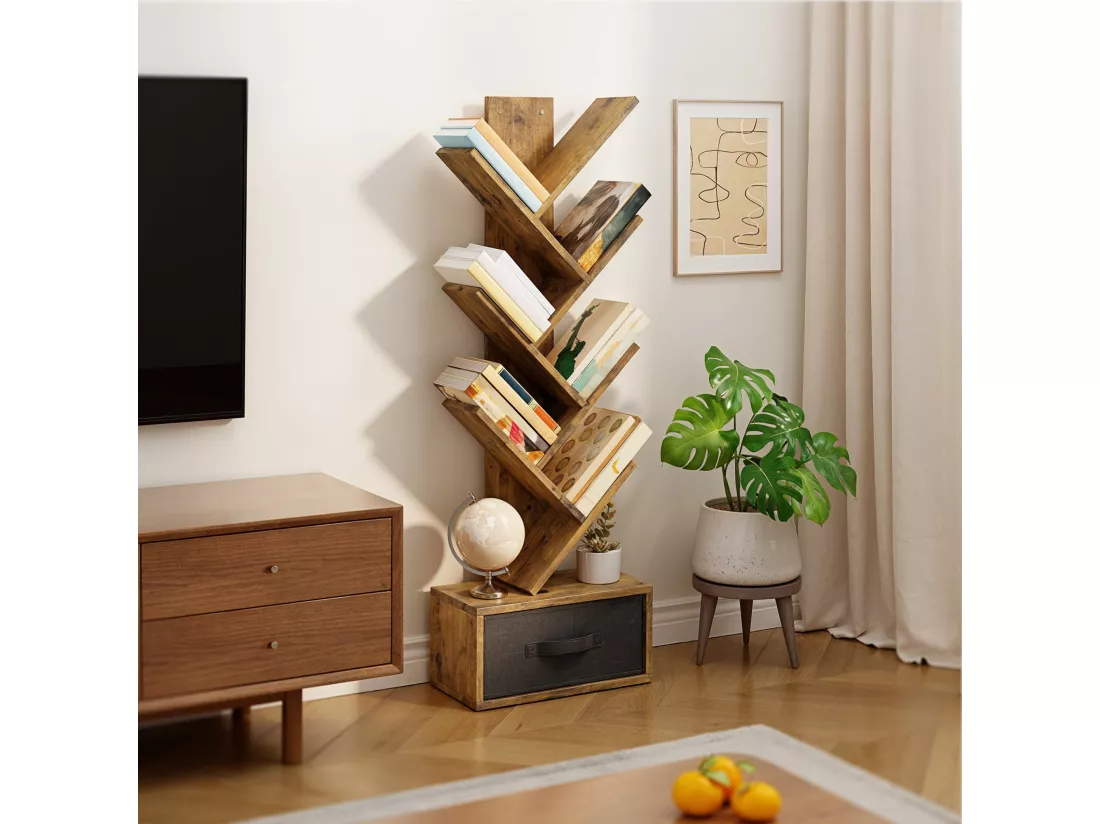 Bealife Bibliothèque 7 Niveaux Étagère de Rangement 1 Tiroir Tissu Arbre Livre CD Magazine Salon Chambre Marron