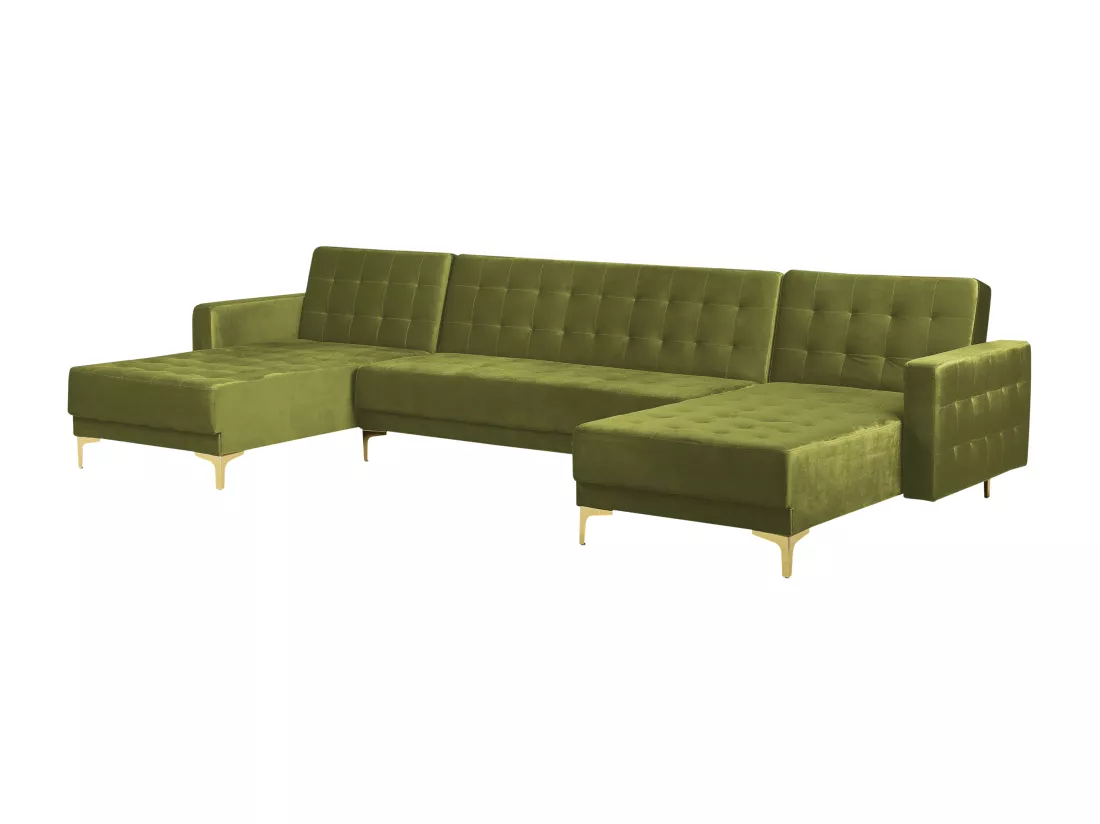 Canapé modulable 5 places en forme de U velours vert avec ottoman ABERDEEN