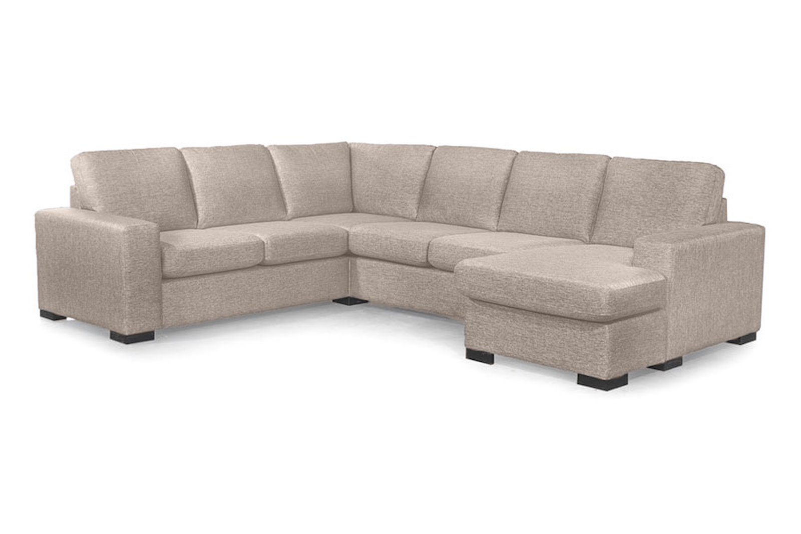 Max U-sofa 23 hjørnesofa med vendbar sjeselong (løs puffmodul). I tekstil Hyge 11 beige med sorte ben