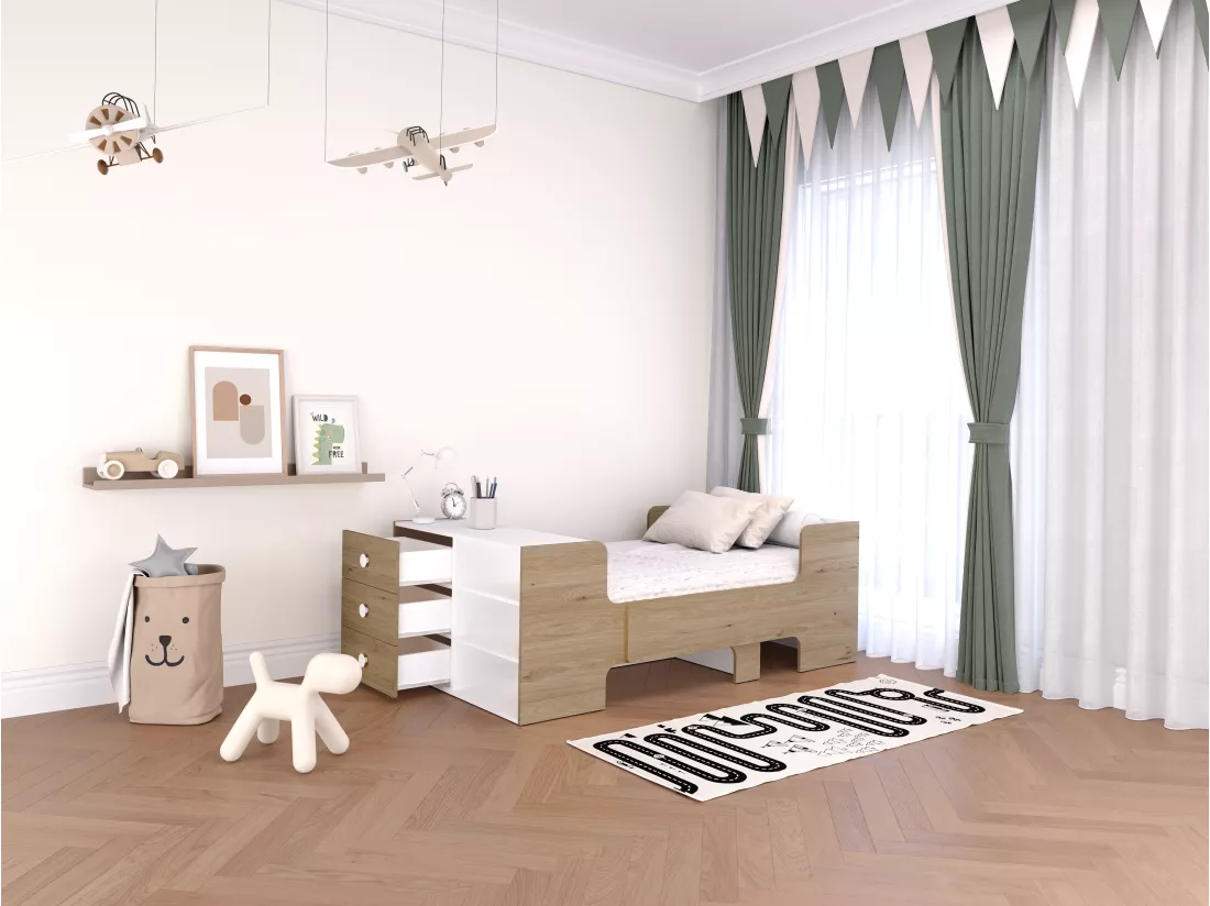 Lit évolutif 90 x 140/170/200 cm avec rangements - Coloris : Naturel et blanc + Matelas - GAROLIO