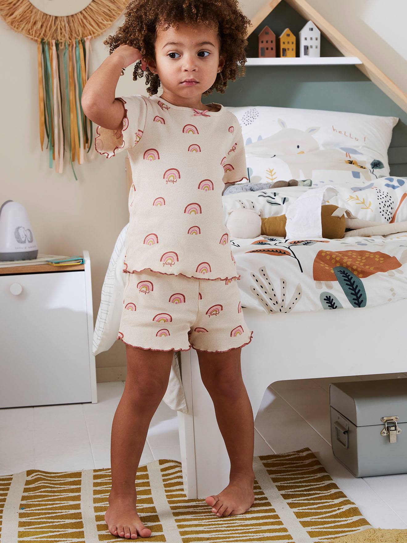 Conjunto de 2 pijamas de malha canelada com shorts para meninas, rosa claro.