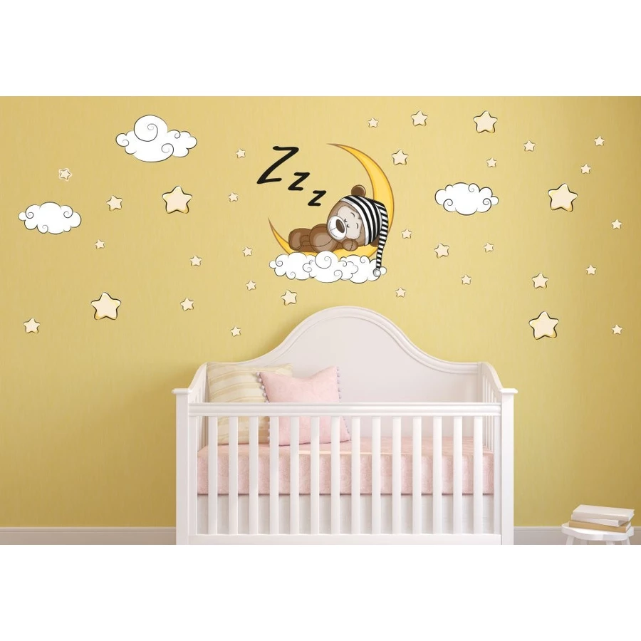 Nikima Wandtattoo 087 Wandtattoo Teddy auf Mond Sterne Wolken bunt