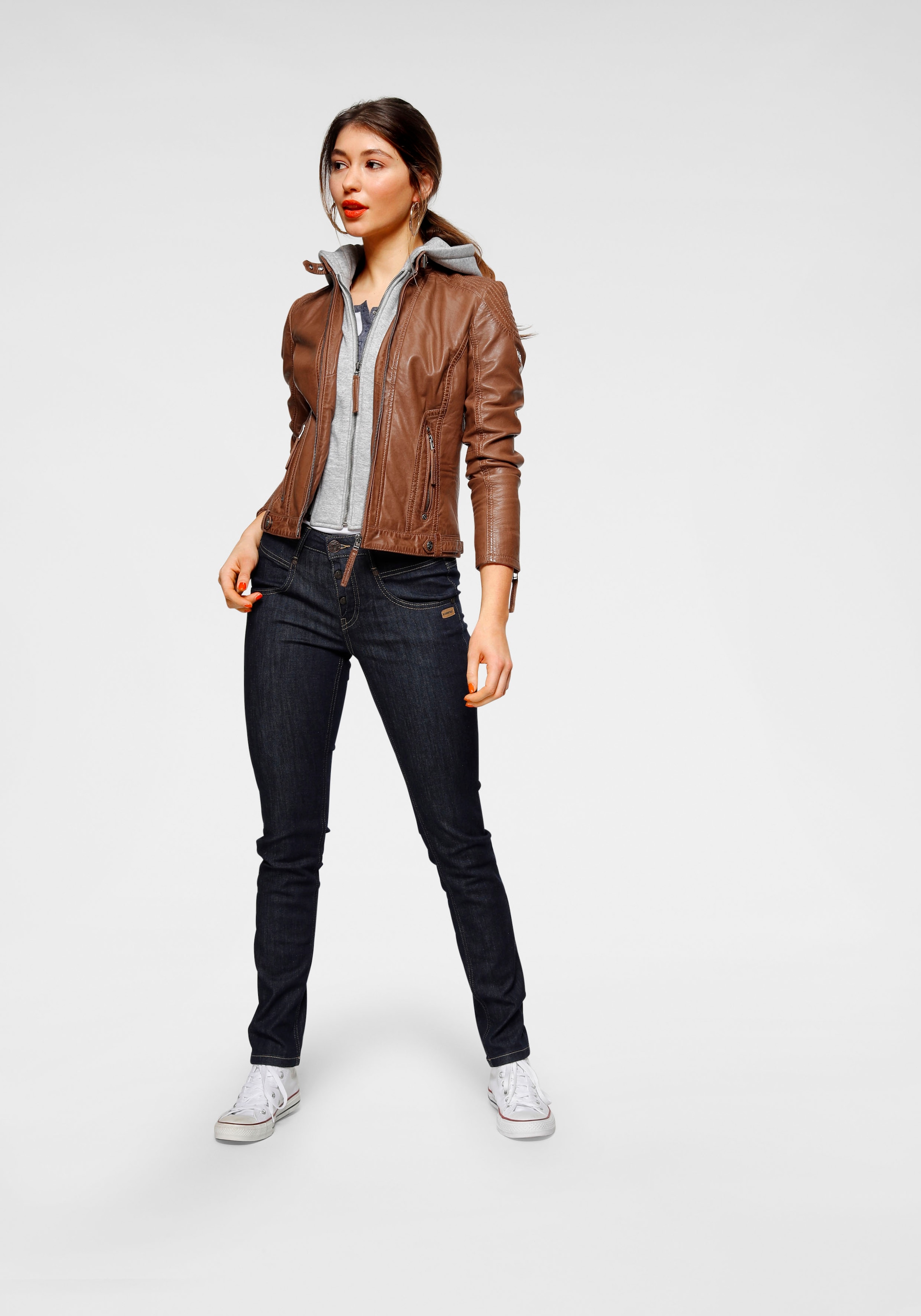 Mauritius Lederjacke »Junja« mit Kapuze mit abnehmbarem Kapuzen-Einsatz und aufwendigen Biker-Details