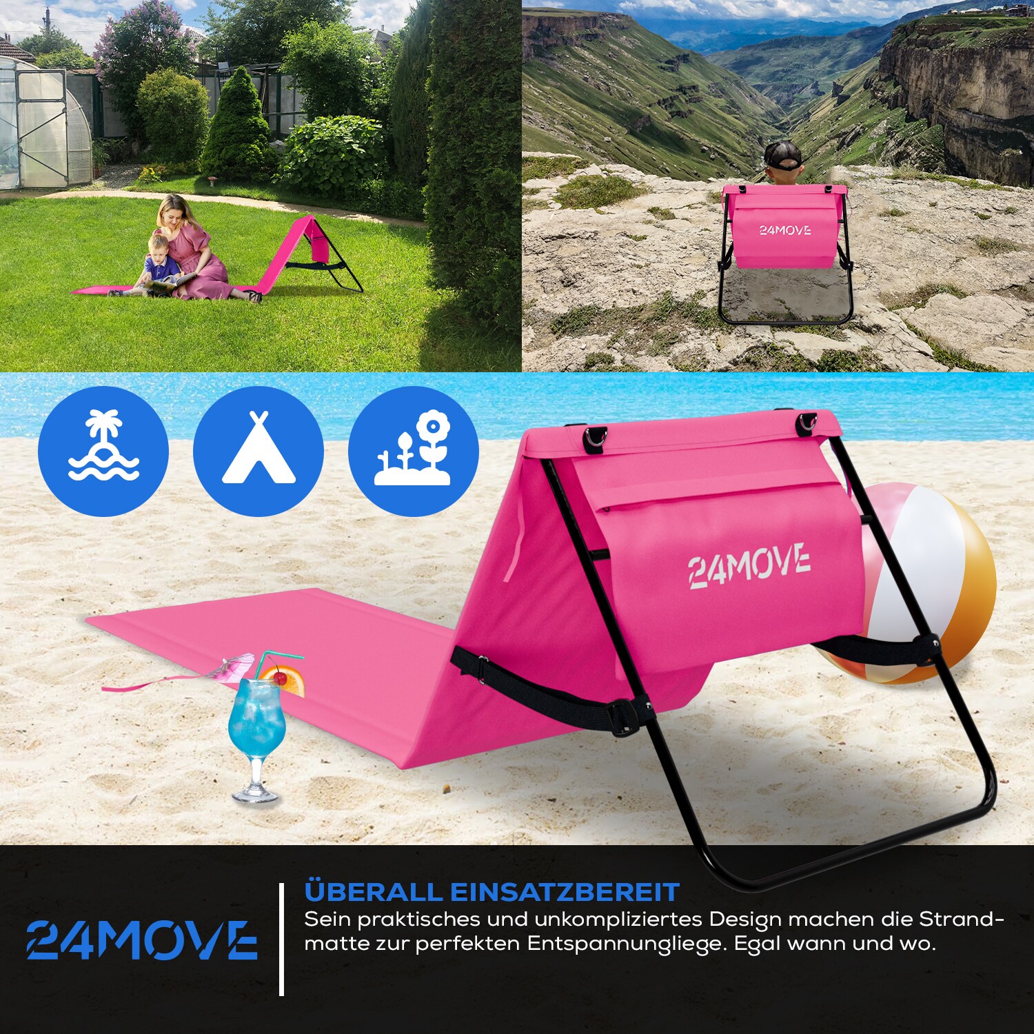 24MOVE® Strandmatte 2er Set klappbar mit Rückenlehne, Strandliege mit Gurt, tragbar für Strand und Garten, Liegematte rosa