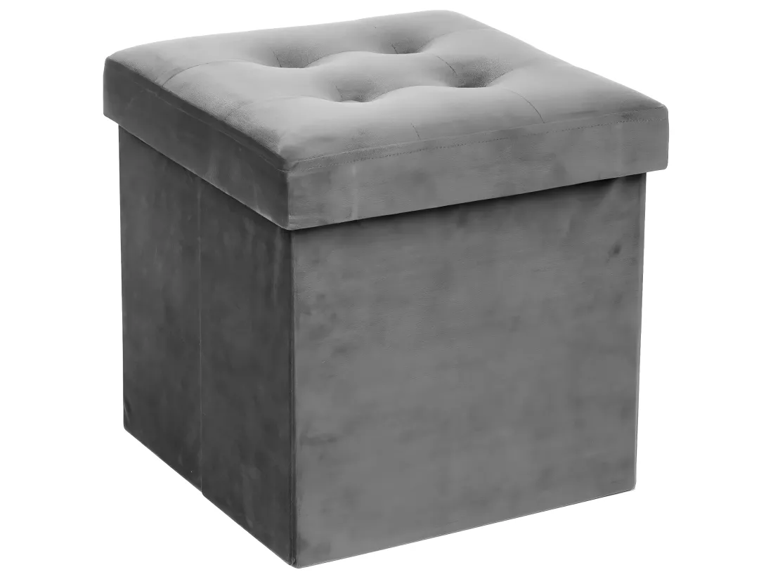 2 en 1 Pouf pliant et coffre de rangement Velours Gris 38 x 38 cm