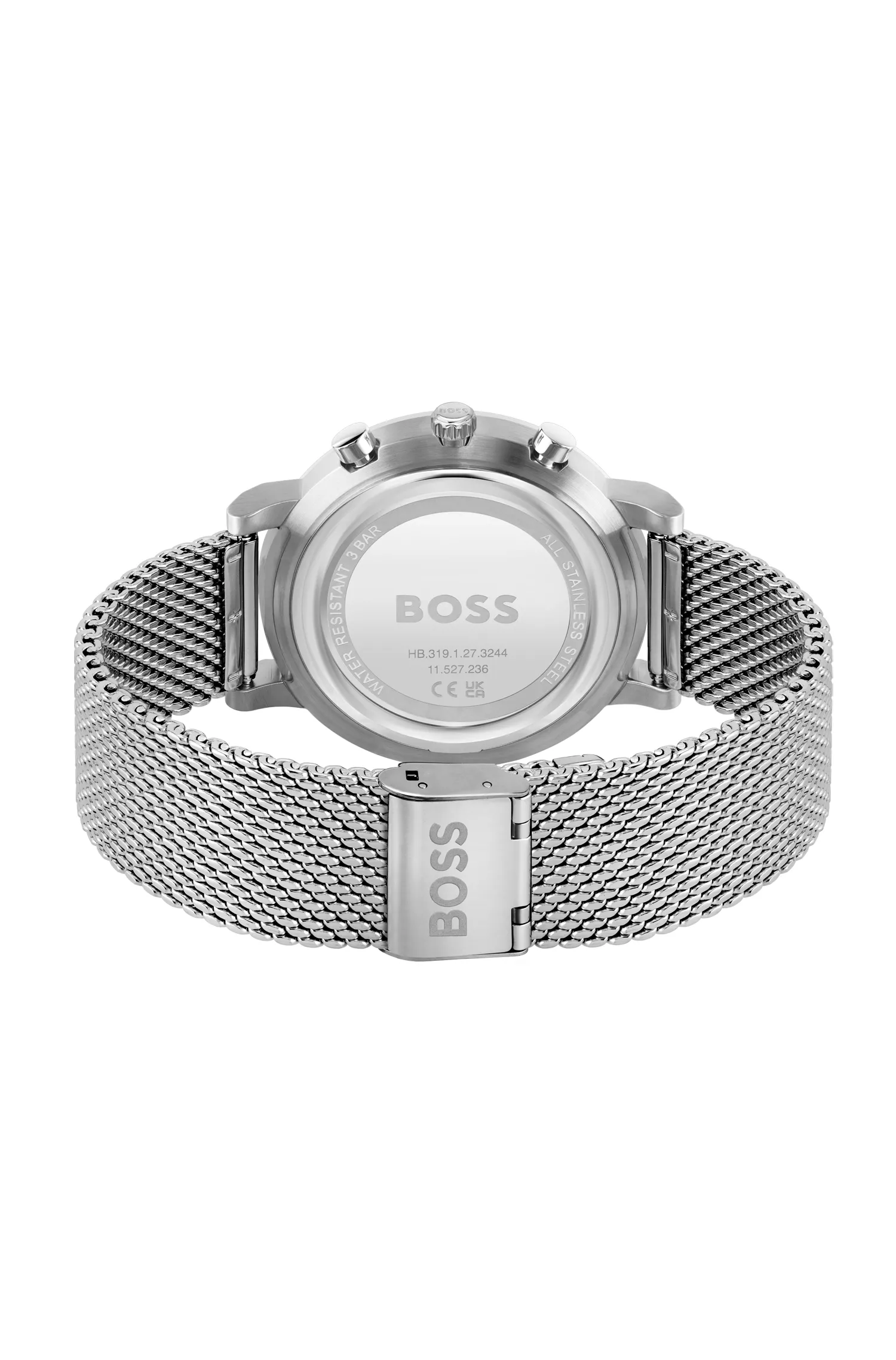 Relógio cronógrafo BOSS com mostrador preto e branco e pulseira de malha.