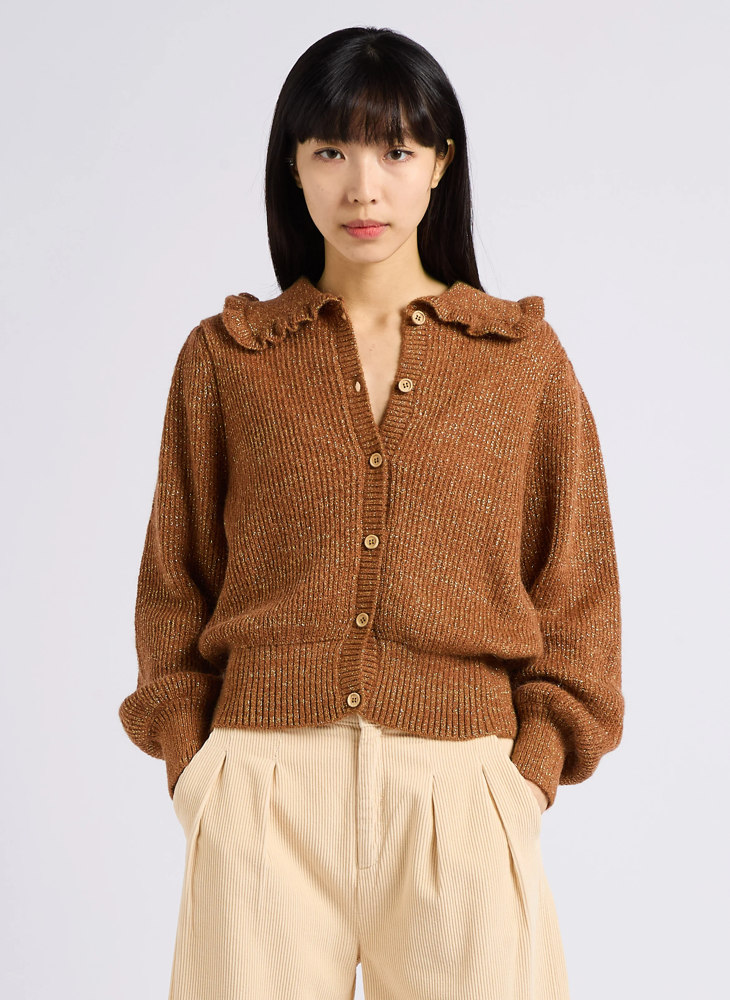 ALIX - Cardigan à volants en laine et coton mélangés | Marron