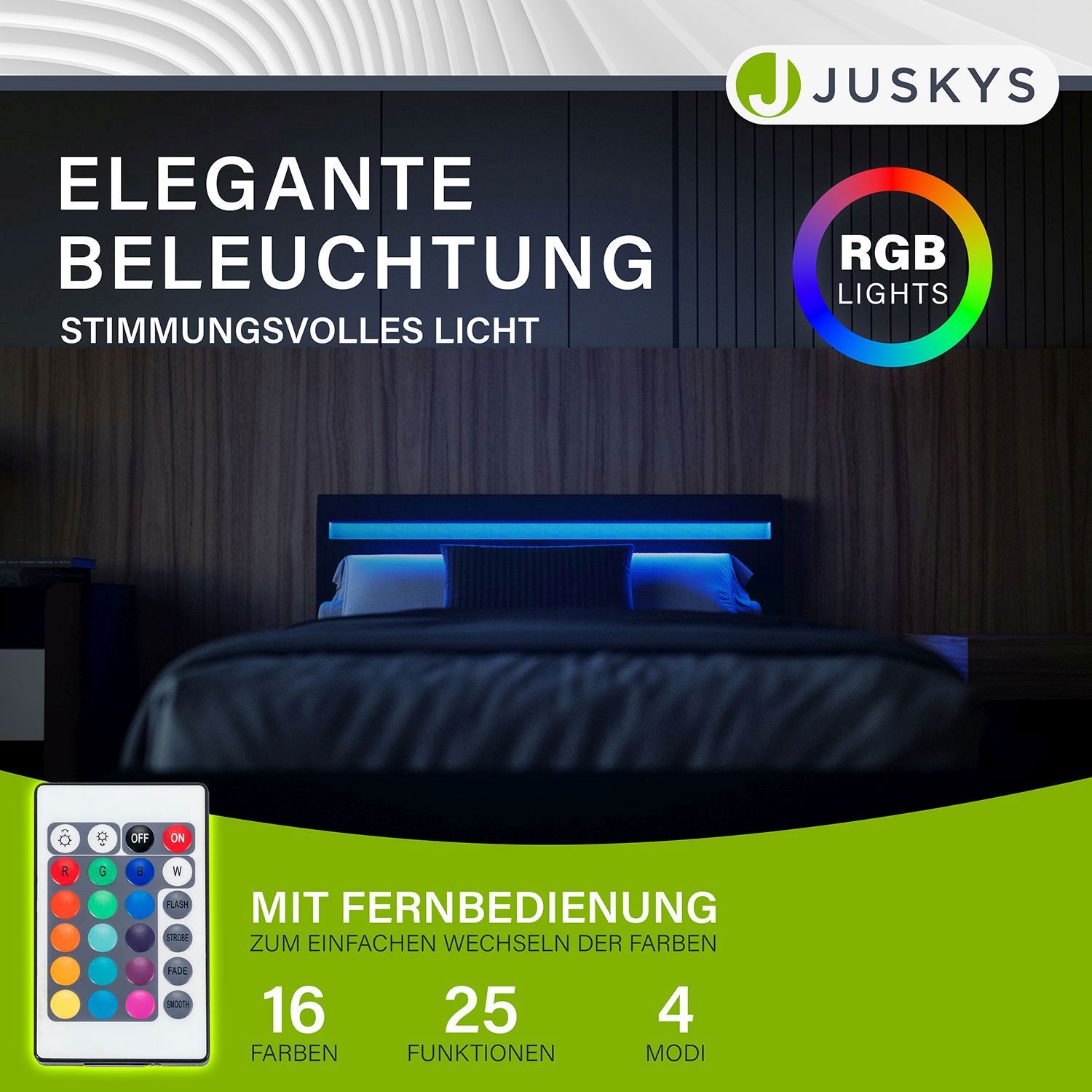 Juskys Polsterbett Verona grau | 120×200 cm | Bettgestell LED-Beleuchtung, Lattenrost & Matratze