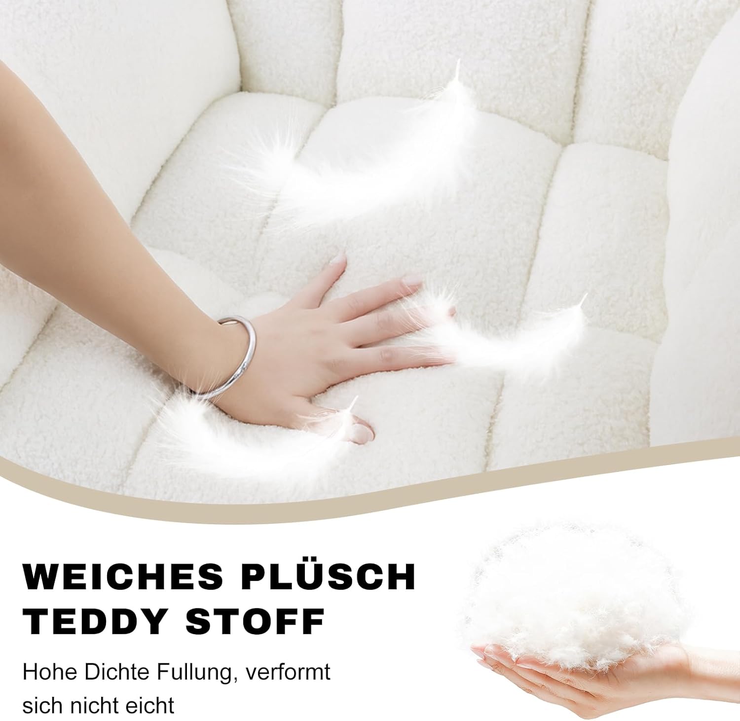 Allyson® Schaukelstuhl Relaxsessel mit Liegefunktion, Flauschiger Lesesessel & Stillsessel, Schaukelsessel mit Armlehnen aus Holz, bis 150 kg belastbar, ideal für Wohnzimmer, Garten & Balkon - Beige