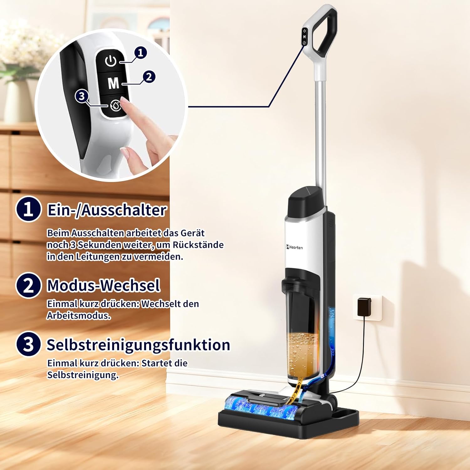 Hearten Nass Trockensauger Akku, Tiefenreinigungswasser Durch Elektrolyse Erzeugen, Sprachansage, Staubsauger mit Wischfunktion, Selbstreinigung, LED-Display, für Harte Boden,Tierhaare