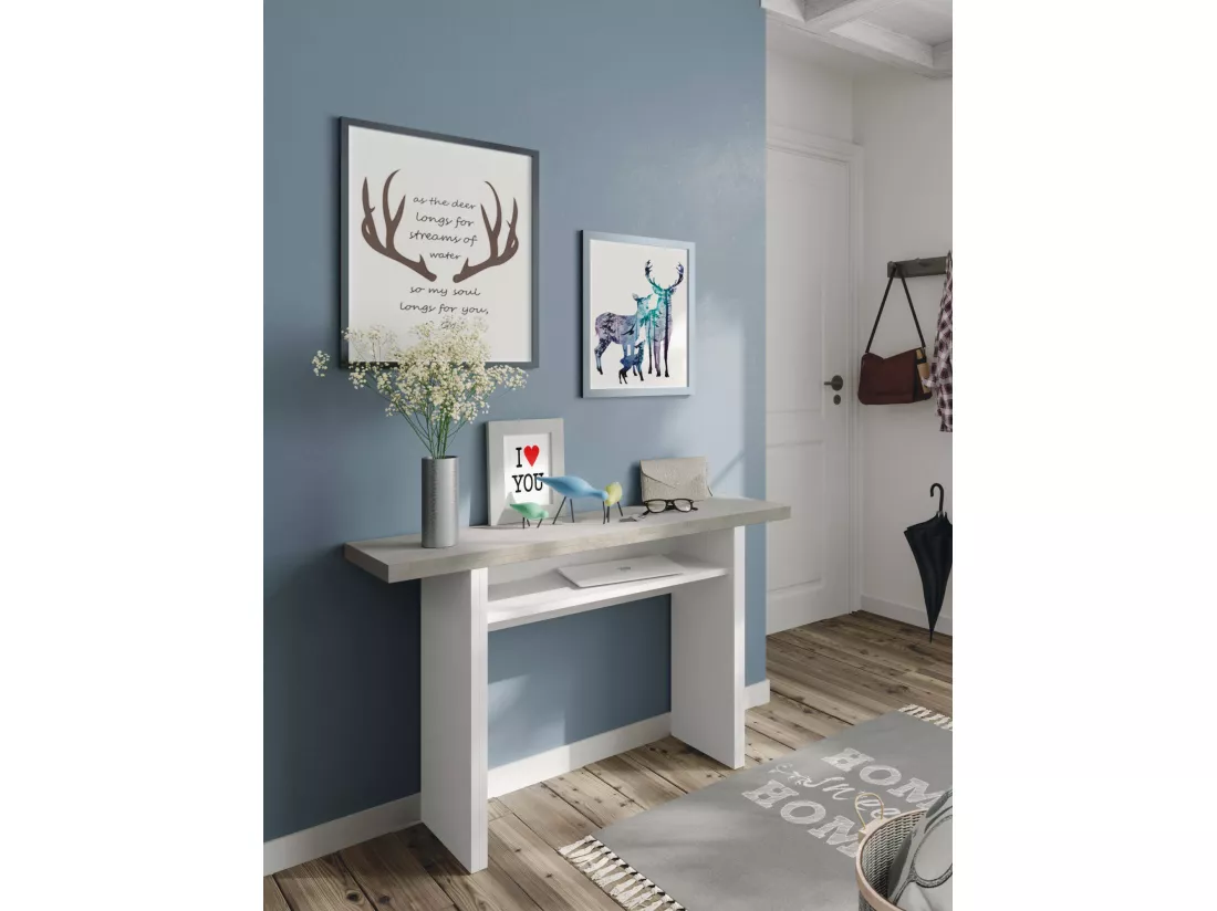 Table extensible Ddiaz, Etagère extensible avec ouverture rabattable, Table console d'appoint pliante, 120x35h77 cm, Blanc et Ciment