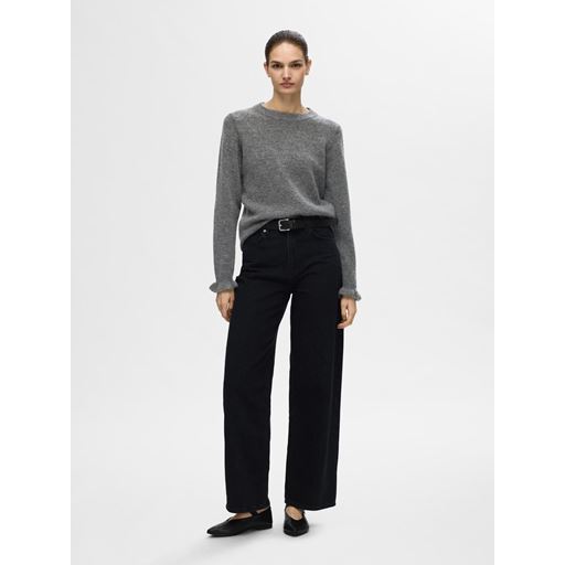 Selected Femme Lulu Frill Striktrøje, Medium Grey Melange, M