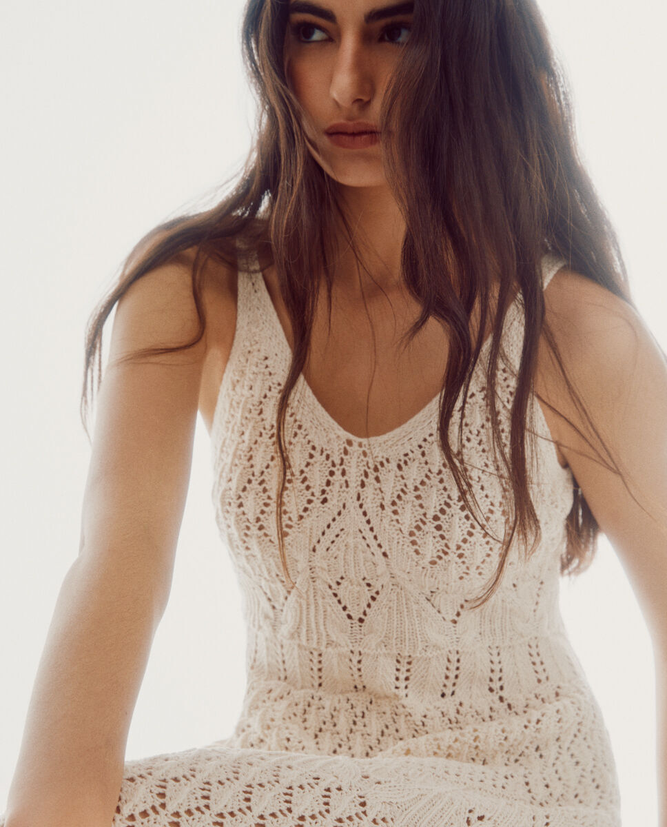 Vestido midi de renda - Marfim