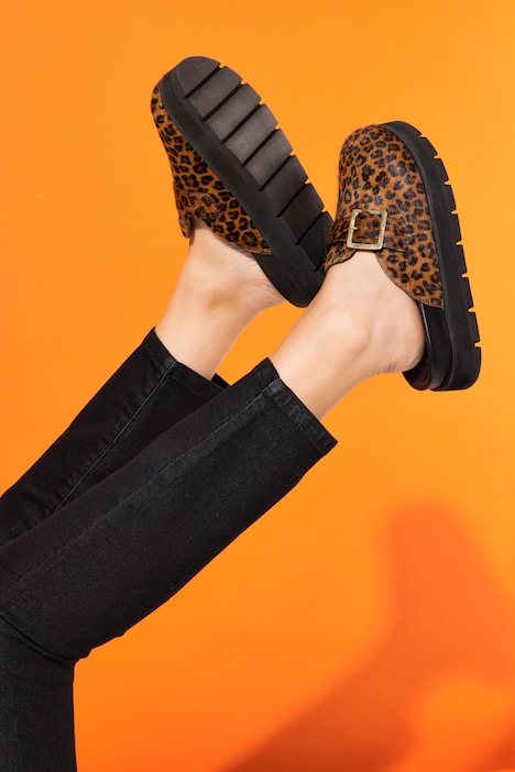 Leder Mules Leo-Felloptik, Weite H