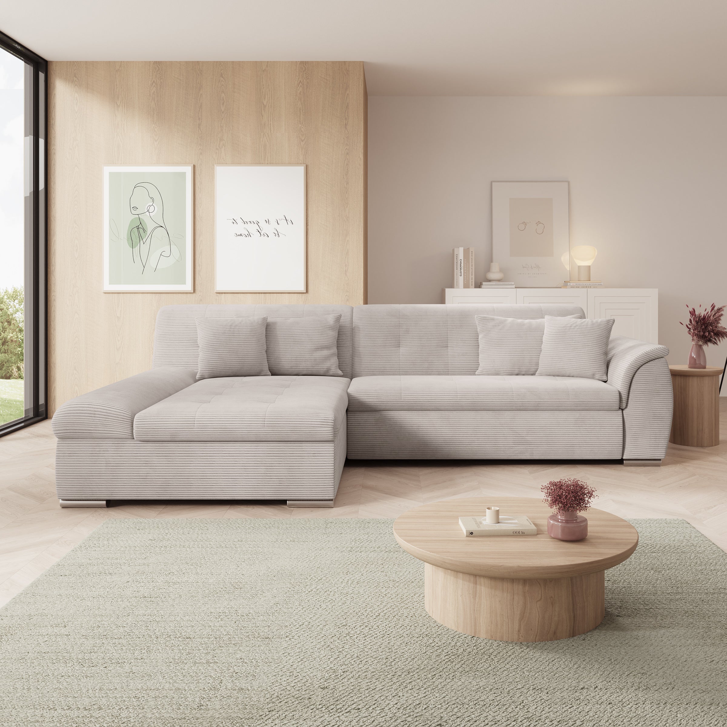 Alberta - Hoekbank 3-zits met slaapfunctie - Ribstof beige - Links - 286x170x80 cm