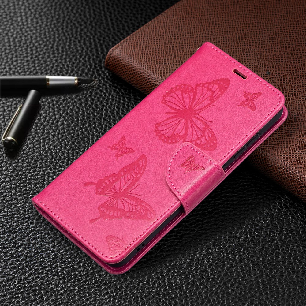 Samsung Galaxy S21 FE 5G Leder Tasche mit Kartenfach   Handschlaufe Schmetterling - Pink