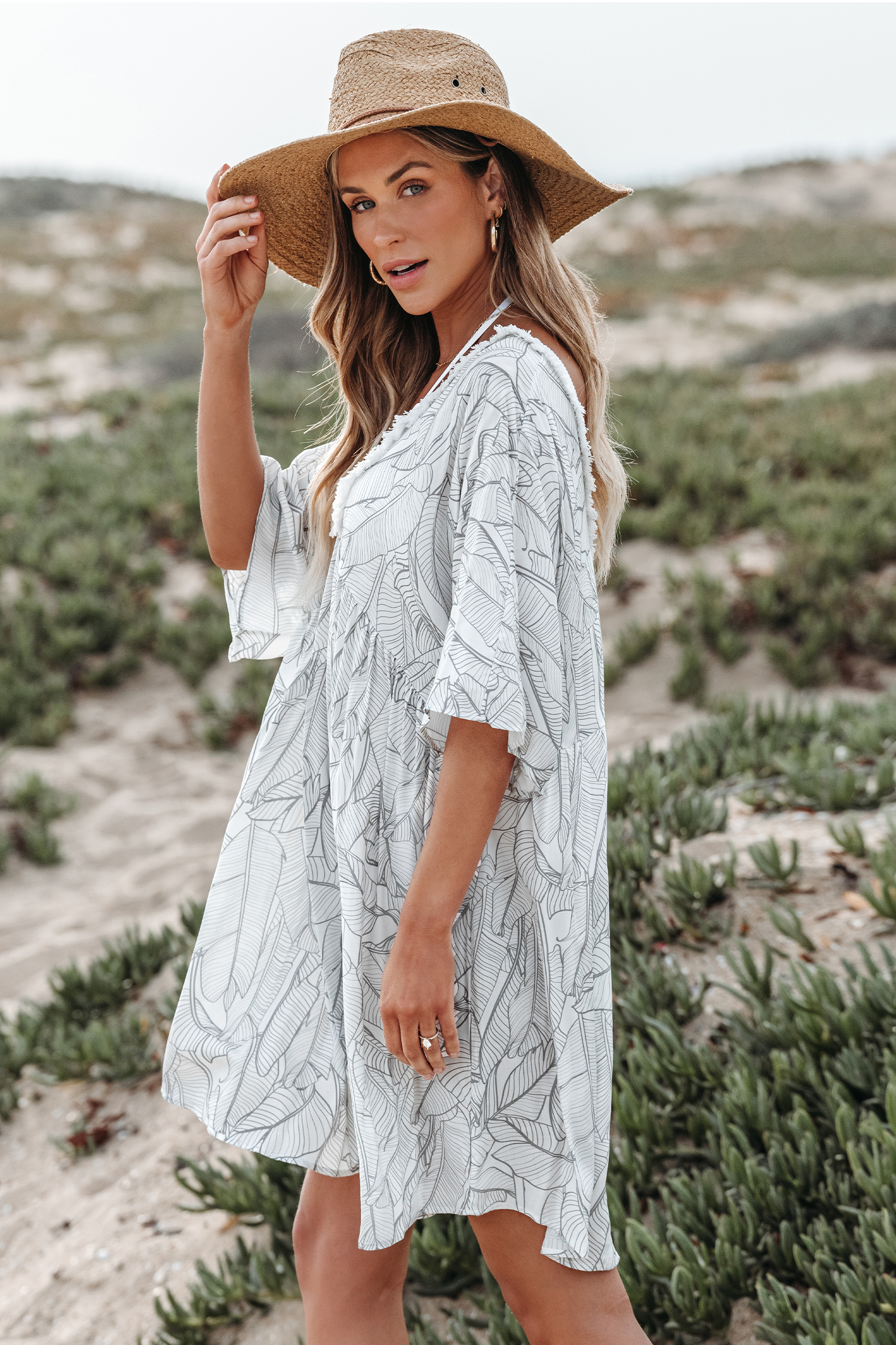 Robe cover up midi à col en V plongeant avec palmes