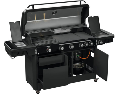 Tenneker® Halo TG-5 U Gasgrill 204,6 x 65,6 x 117 cm 5-pits + zijbrander en achterbrander, gietijzeren rooster, platformsysteem, glazen inzetstuk in het deksel