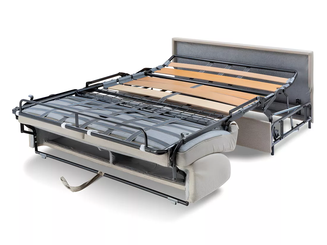 Canapé 3 places convertible express en tissu gris - Couchage à lattes larges 140 cm - Matelas 18 cm VIZIR
