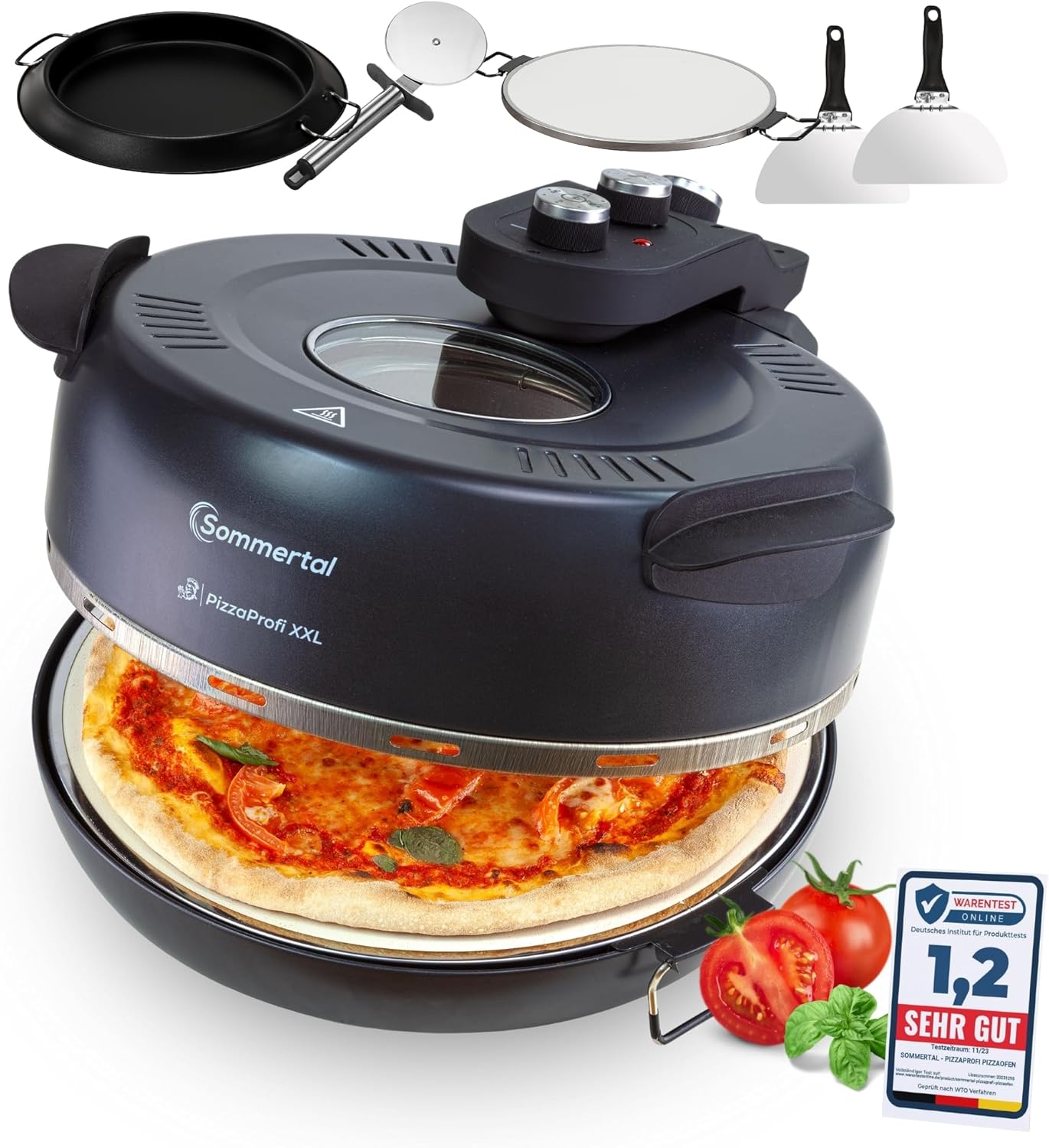 PizzaProfi XXL Pizzaofen mit 39cm Steinplatte – Pizza Ofen elektrisch, schnelle 3-Minuten Pizza, bis 380°C – 5-teiliges Set mit Pfanneneinsatz, 2x Pizzaschieber, Schneider, Pizzastein