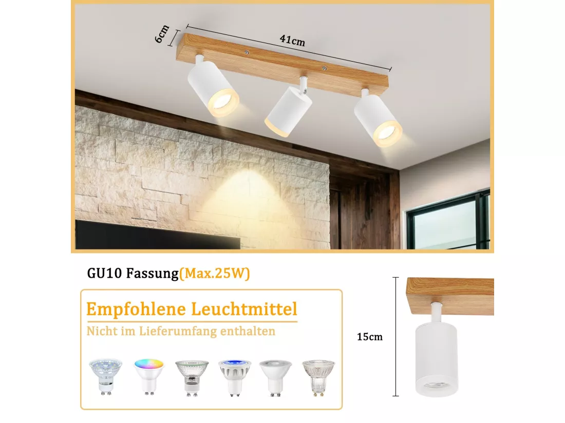 NETTLIFE Spot de plafond noir/blanc spots de plafond GU10 bois vintage pivotant sans ampoule orientable à 350°