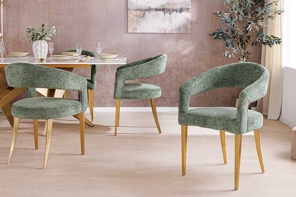 Skandinavischer Stuhl BOUTIQUE grün Strukturstoff brushed champagner gold Metall