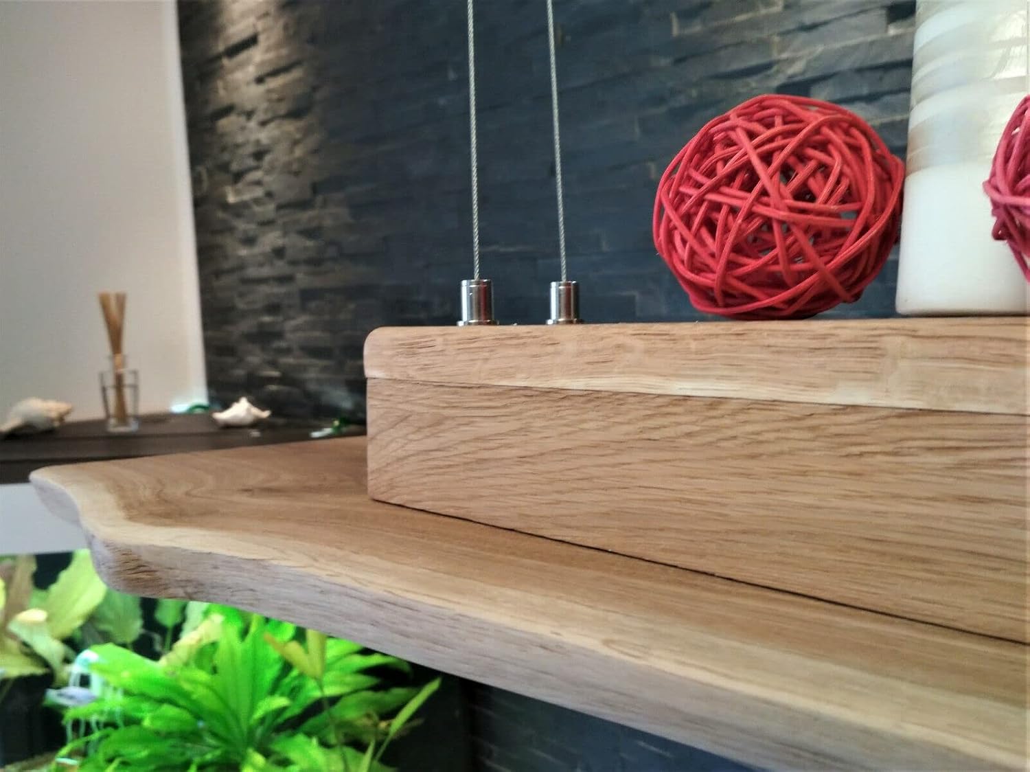 TESSA LED Esstischlampe Pendelleuchte Unikat Wildeiche Holz Hängelampe mit Baumkante Hängeleuchte Dimmbar ohne Dimmer Led Austauschbar Eiche geölt Massiv mit Baumkante (50 cm/2 Spots)