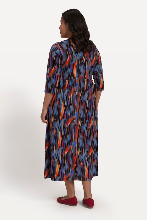 Jerseykleid, A-Line, Streifen, , Empirenaht, Carree-Ausschnitt, 3/4-Arm