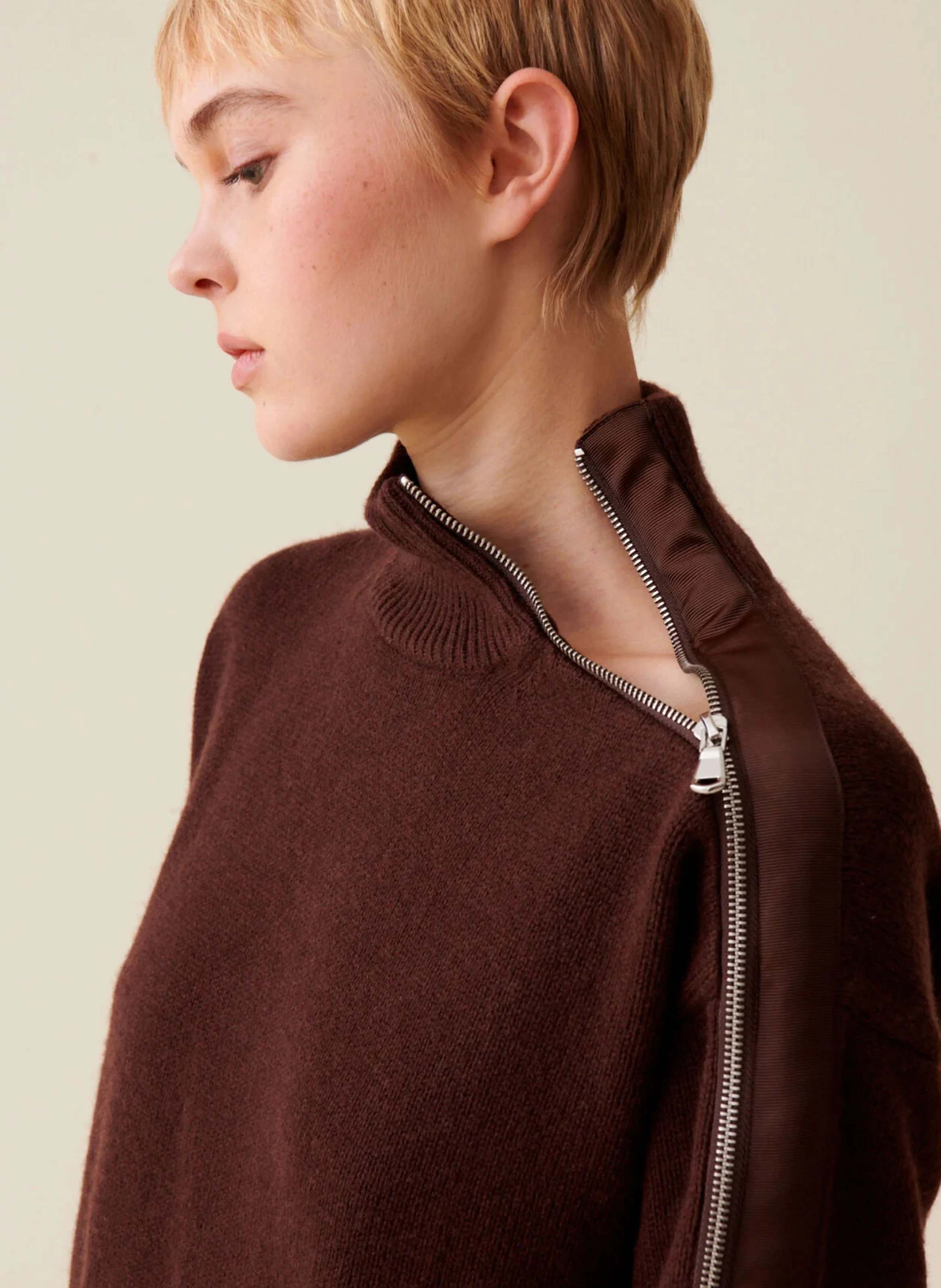 Pull zippé en laine mélangée | Marron