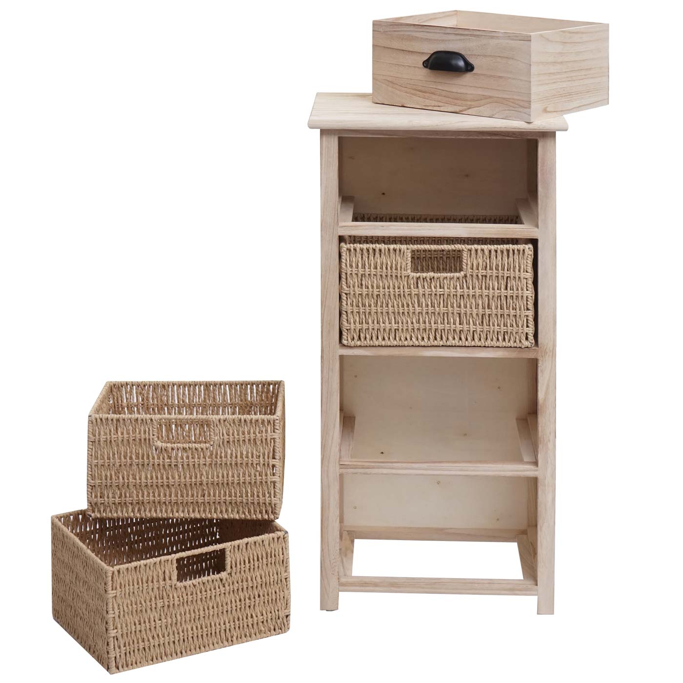 Kommode MCW-K84 mit Körben, Schrank Schubladenschrank, Holz 83x40x29cm ~ natur, Körbe hellbraun