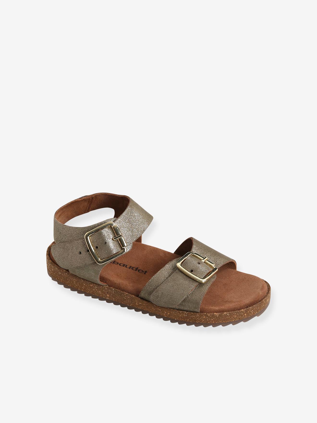 Sandálias acolchoadas de couro para meninas, verde médio, lisas