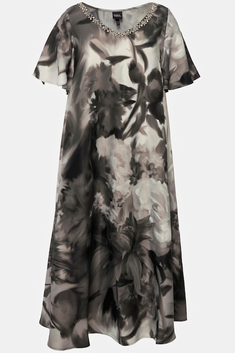 Midikleid, Blüten, Ziersteine, V-Ausschnitt, Halbarm