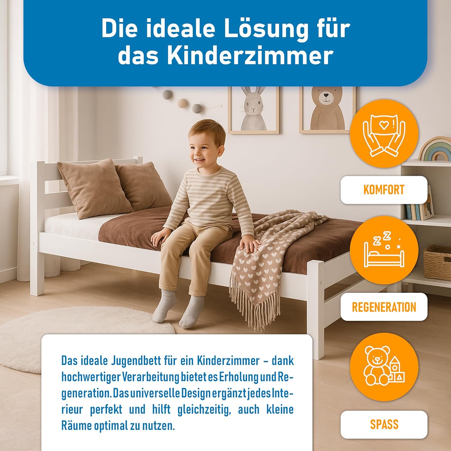 Kinderbett 80x160 cm in Weiß - Jugendbett - Kinder Bett Montessori - Einzelbett aus Kiefer Massivholz – Lattenrost – Tagesbett ohne Matratze