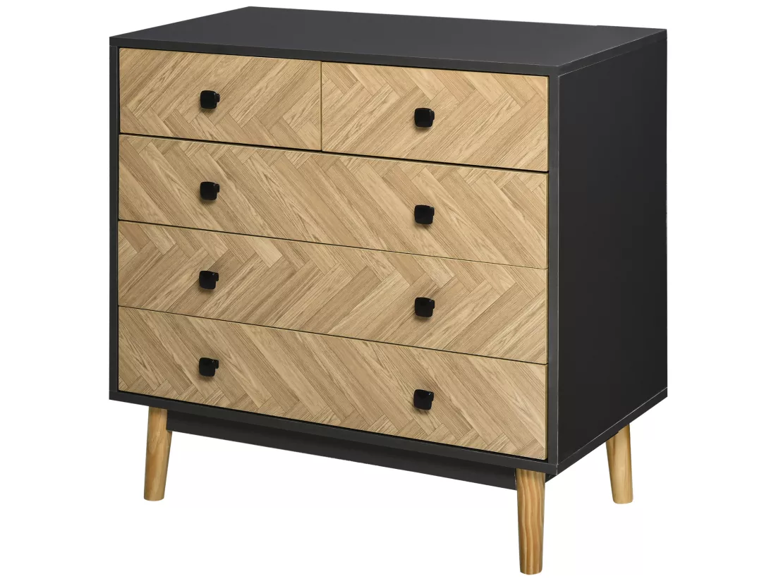 Commode 5 tiroirs design scandinave graphique dim. 80L x 40l x 80H cm panneaux de particules gris foncé chêne clair