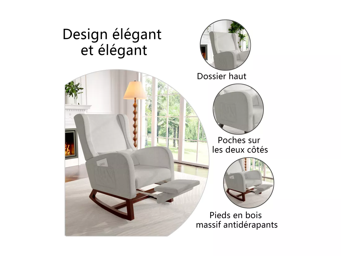 Chaise à bascule avec repose-pieds, pieds antidérapants en bois massif, poches des deux côtés, coton et lin, gris