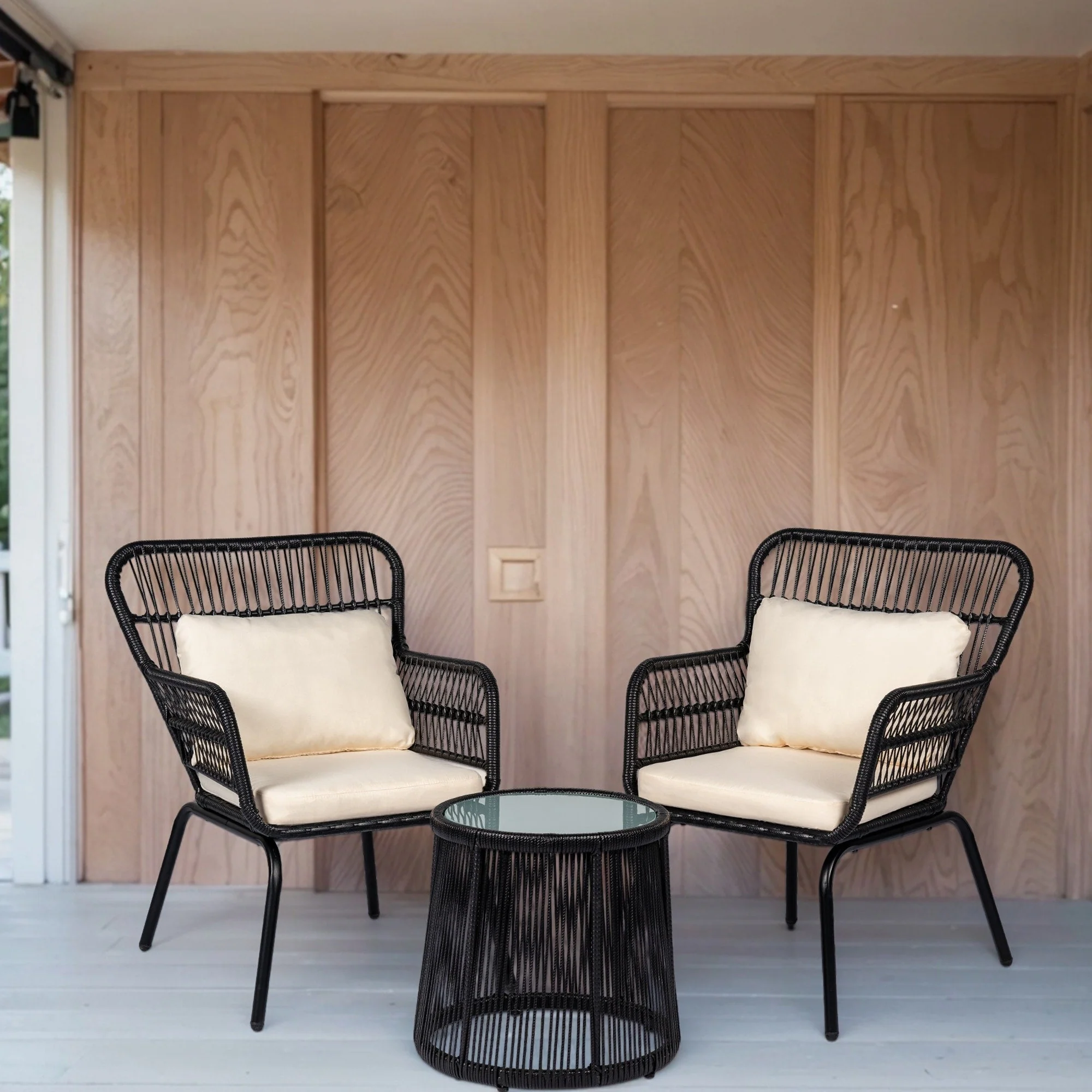 3 Piece Outdoor Wicker Conversation Bistro Set, All-Weather Rattan Furniture Patio Chairs Set with Cushions