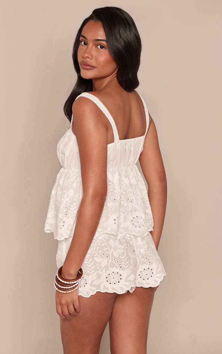 Blanc Ensemble Haut Baby Doll À Broderies Florales Avec Détail Nœud