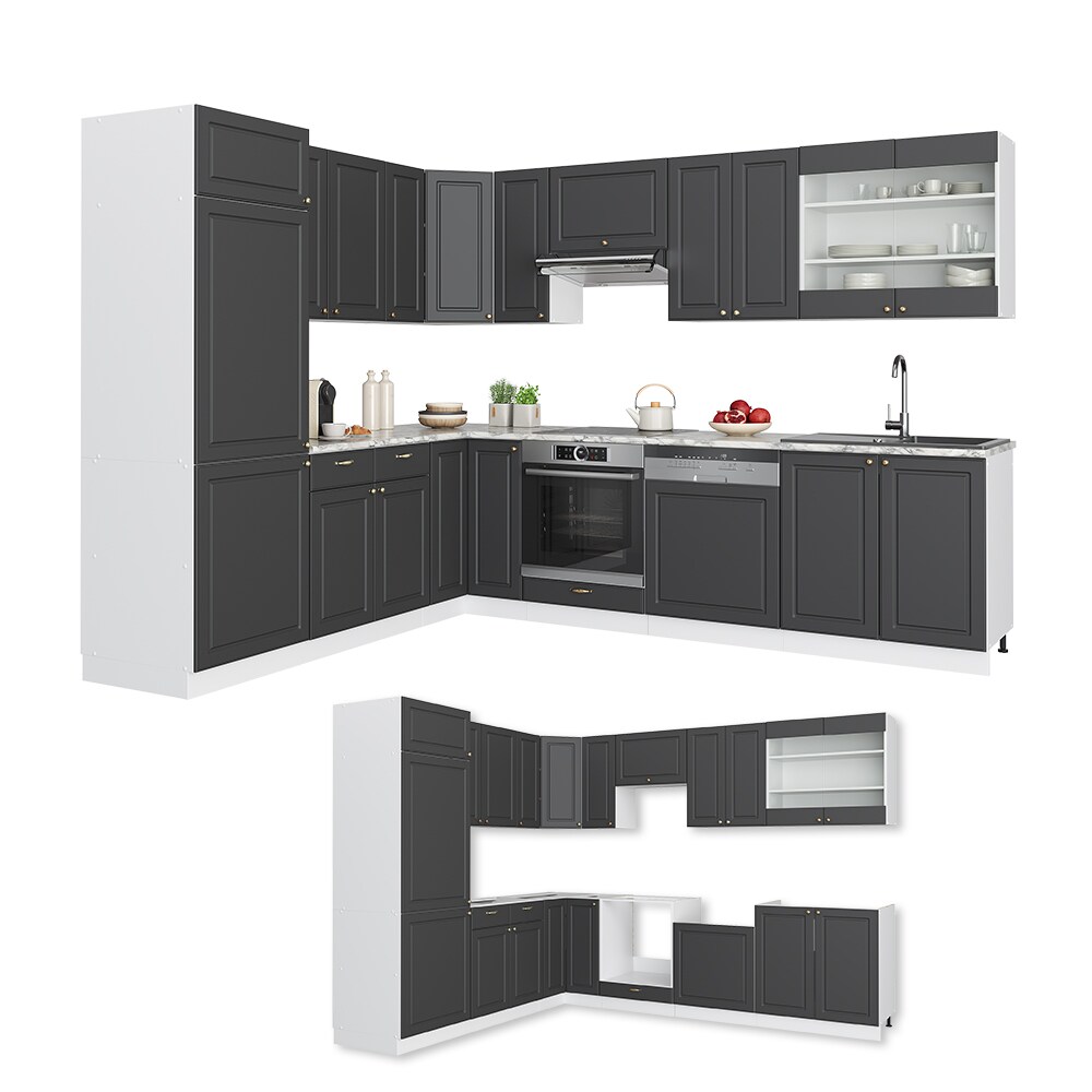 Vicco Eckküche Küchenzeile Einbauküche Fame-Line Landhaus Weiß Anthrazit Gold227x287 cm Spülenunterschrank Schubunterschrank Eckunterschrank Herdumbauschrank Hängeschrank Kühlumbauschrank