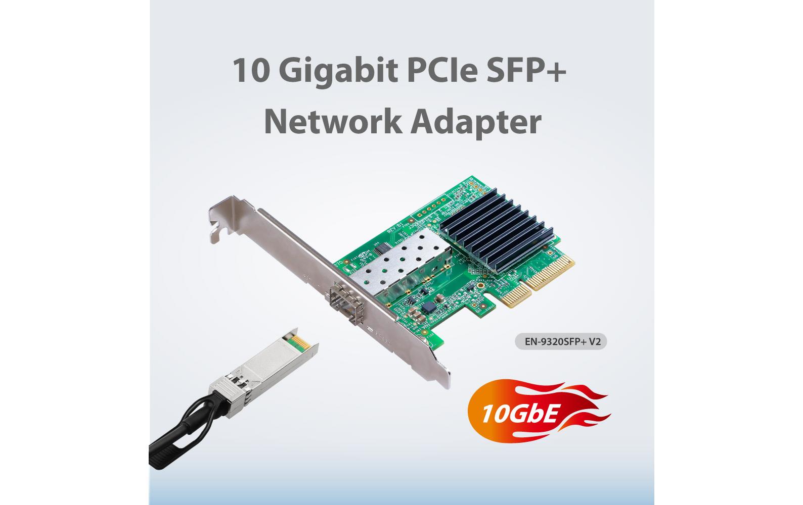 EN-9320SFP+ V2 PCI-Express x4<br>Edimax EN-9320SFP+, Eingebaut, Kabelgebunden, PCIe, Faser, 10000 Mbps, Grün, Silber