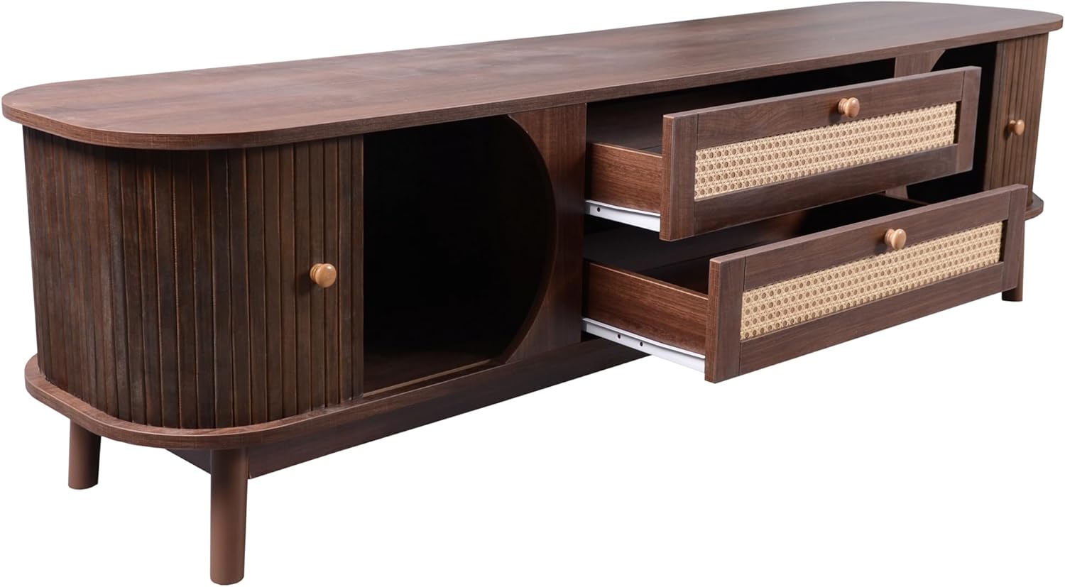 Merax TV Ständer, Lowboard TV Board mit 2 Schubladen und 2 Schiebetüren aus Massivholz, TV-Schrank mit Rattan, Landhausstil Sideboard, Fernsehschrank für Wohnzimmer Esszimmer, 170cm, Braun