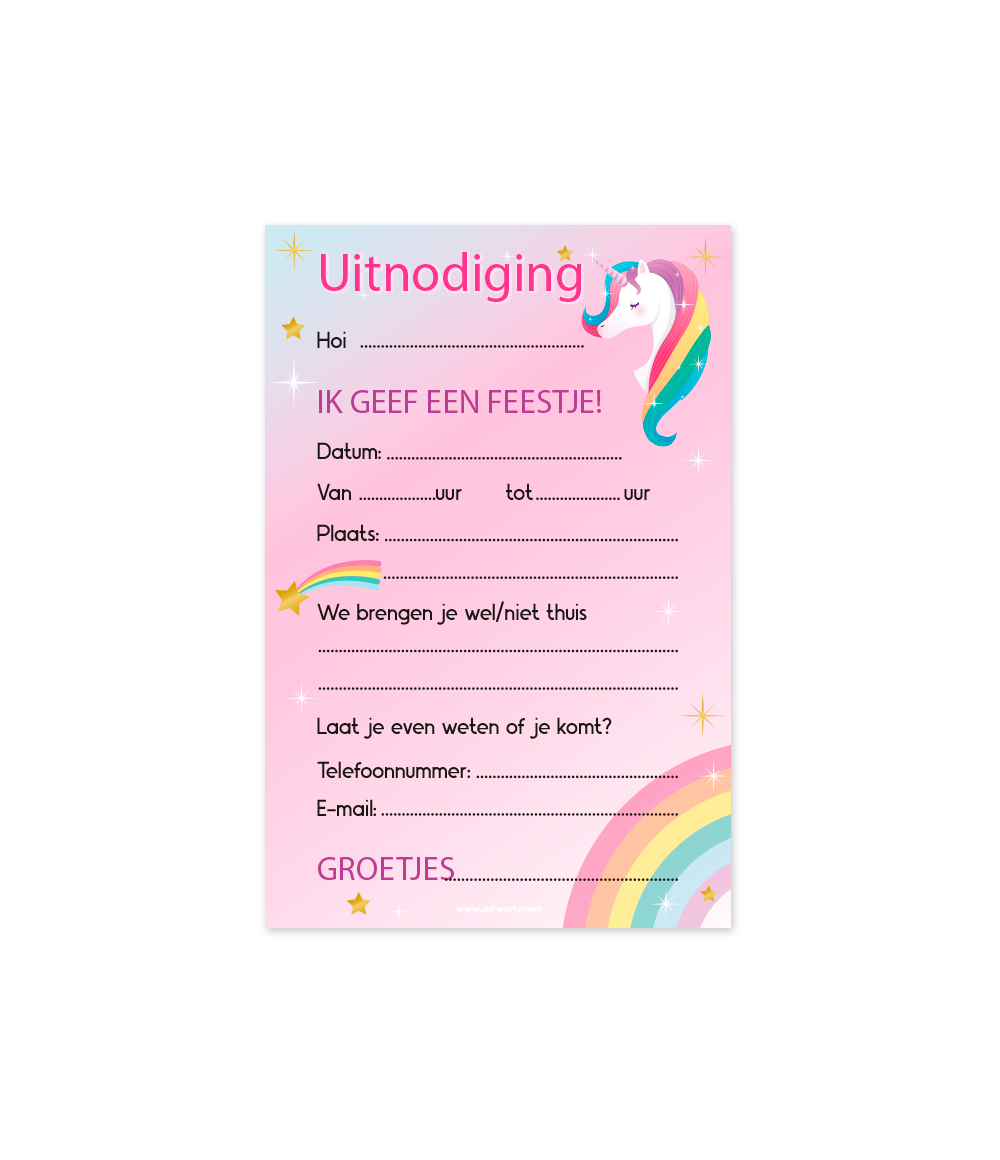 Unicorn Uitnodigingen Gekleurd 6st