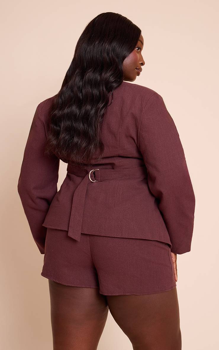 Deep Chocolate Blazer Coordonné Grande Taille En Lin Premium Ajusté À Manches Cocon Et Taille Cintrée