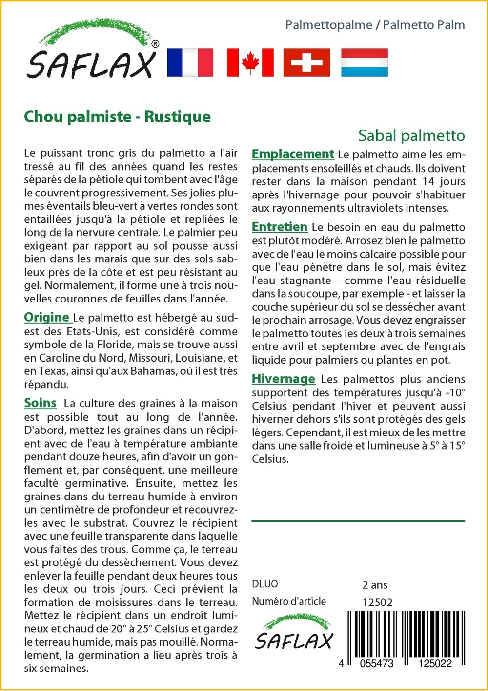 Chou palmiste - 8 graines - avec substrat - sabal palmetto