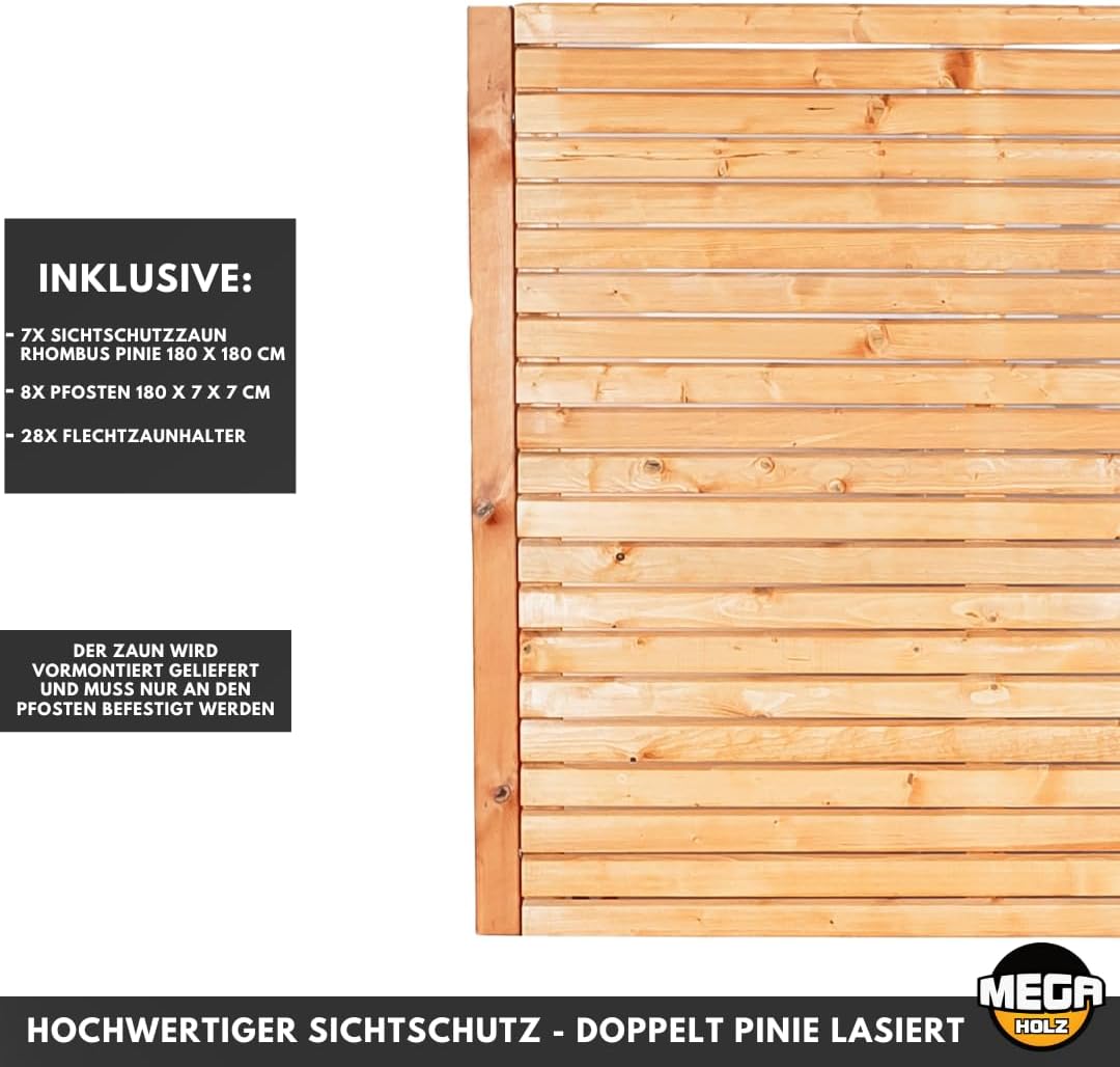 Sichtschutzzaun- Set Rhombus Kiefer Farbton Pinie 7 Zaunfelder inkl. Pfosten und Zaunhalter Garten Holz